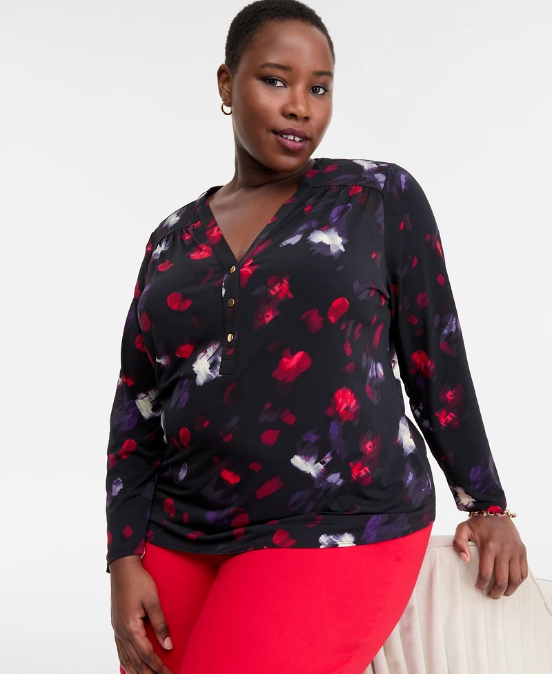 I.n.c. International Concepts Plus V-Neck Long-Sleeve Top, Macy's Exclusive