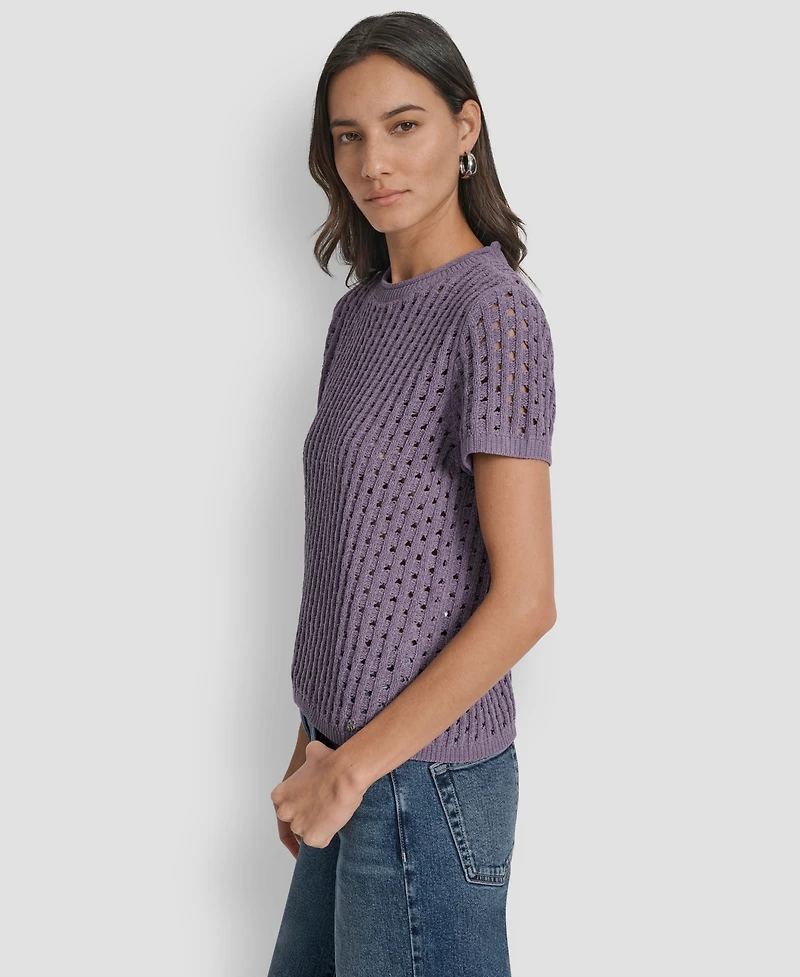 Dkny Jeans Women's Open Stitch Crewneck Short-Sleeve Sweater