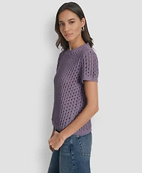 Dkny Jeans Women's Open Stitch Crewneck Short-Sleeve Sweater