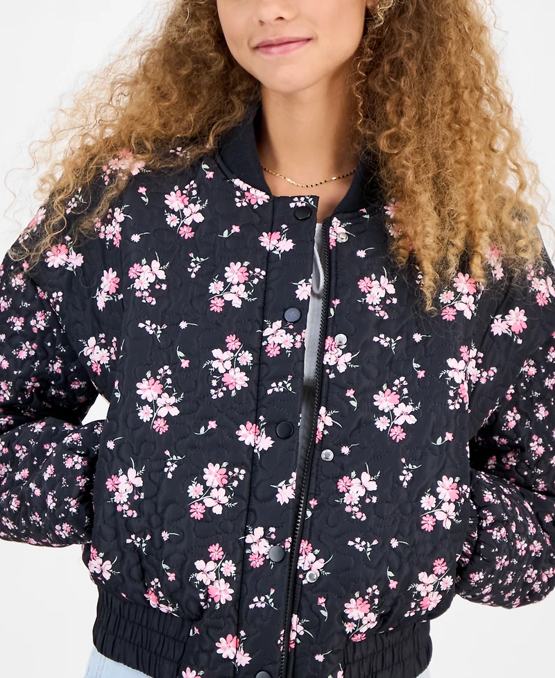 Rebel Veil Juniors' Floral-Print Quilted Bomber Jacket