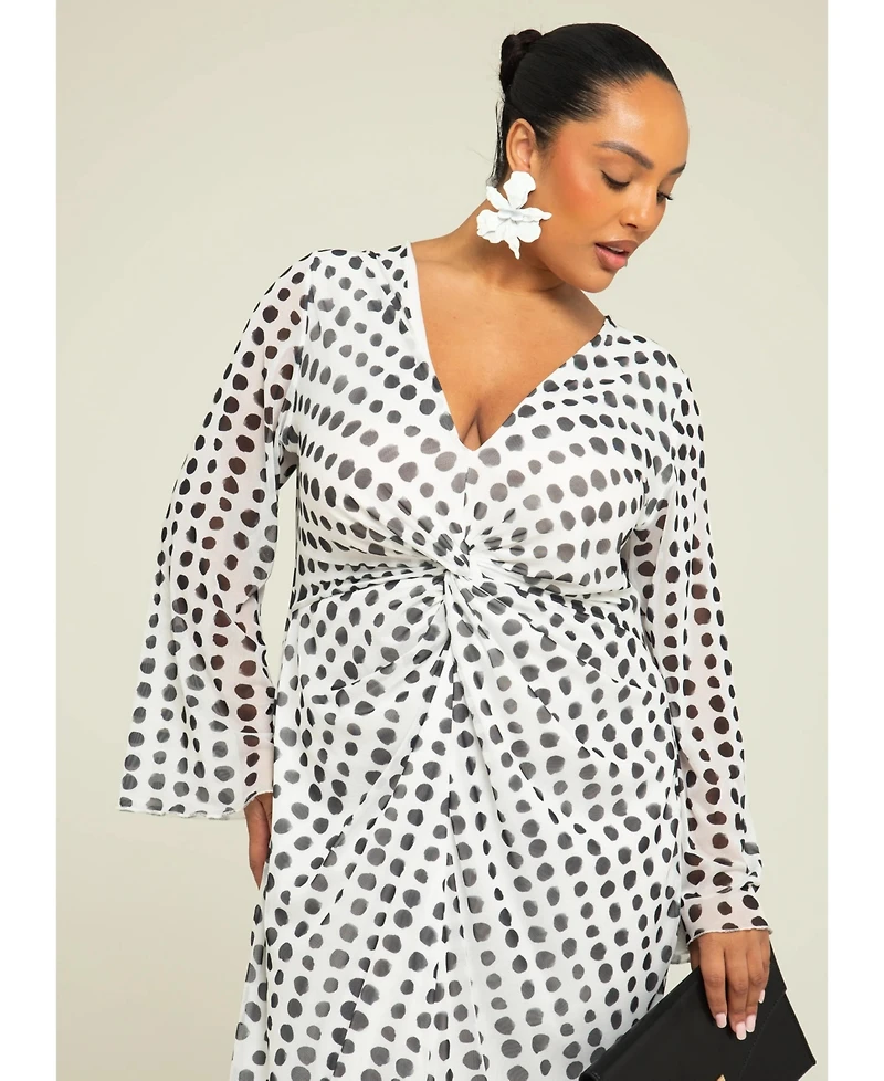 Fashion-szn Curve Women's Long Sleeve V-Neck Polka Dot Midi Dress