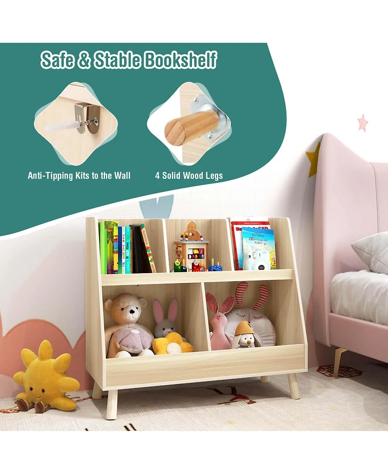 Costway 5-Cube Kids Bookshelf and Toy Organizer Wooden Storage Bookcase with Wood Legs
