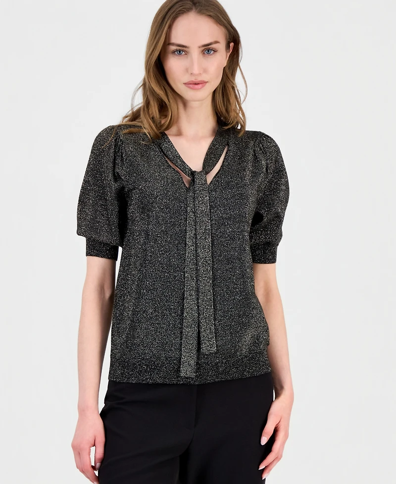 T Tahari Women's Tie-Neck Elbow-Sleeve Metallic Top