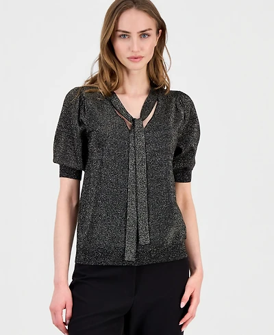 T Tahari Women's Tie-Neck Elbow-Sleeve Metallic Top