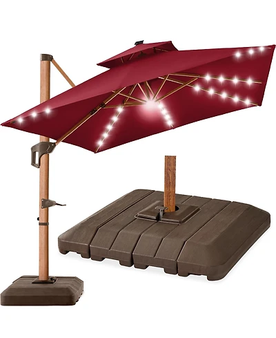 Best Choice Products 10ft Square Woodgrain Pattern 2-Tier Outdoor Solar Led Cantilever Umbrella w/ Base