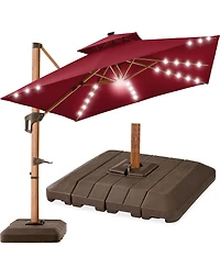 Best Choice Products 10ft Square Woodgrain Pattern 2-Tier Outdoor Solar Led Cantilever Umbrella w/ Base