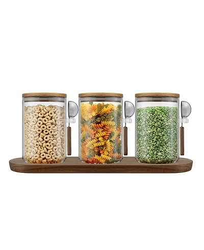 JoyJolt Holden Stackable Glass Storage Canister with Wood Lids and Tray, Set of 3