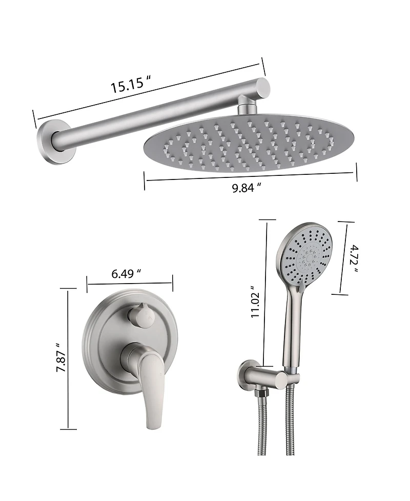 Rainsken 10 Inches Wall Mounted Shower with High Pressure Rain Shower Head and 5-Function Handheld Shower Head
