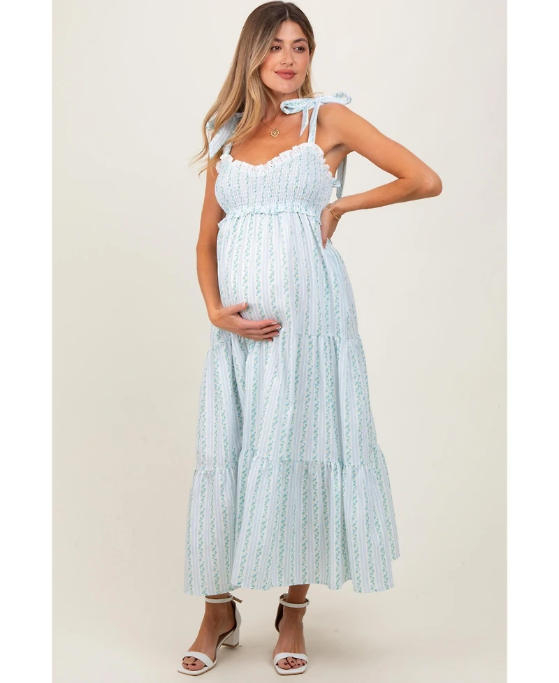 Pinkblush Maternity Floral Striped Smocked Shoulder Tie Maxi Dress
