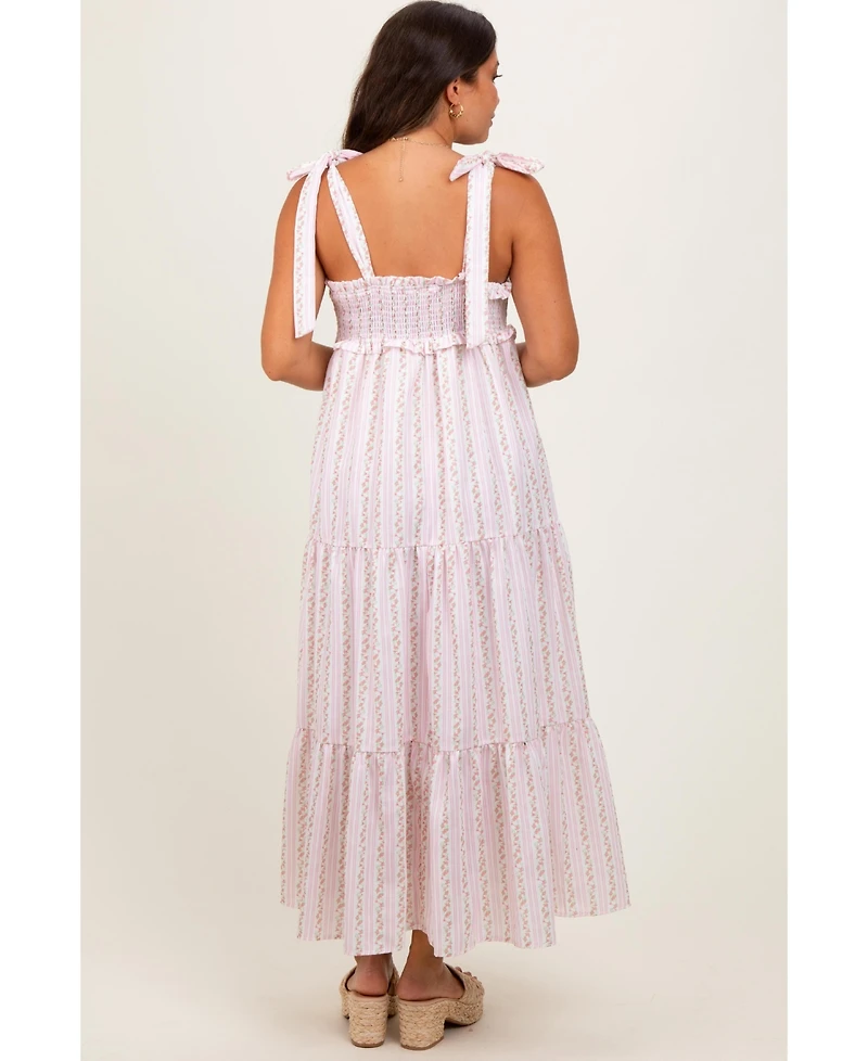 Pinkblush Maternity Floral Striped Smocked Shoulder Tie Maxi Dress