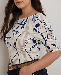 Lauren Ralph Plus Belting Print Boat Neck Top