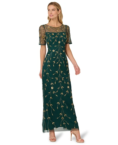 Adrianna Papell Women's Printed Bead Mesh Long Dress