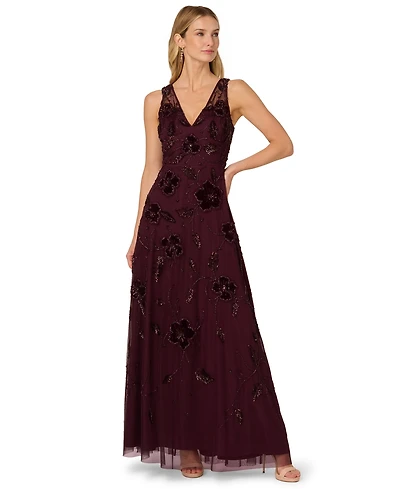 Adrianna Papell Women's Bead Velvet Flower Long Dress