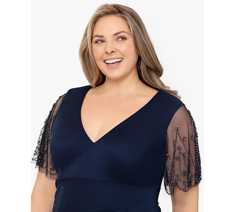 Xscape Plus Lace-Sleeve Dress