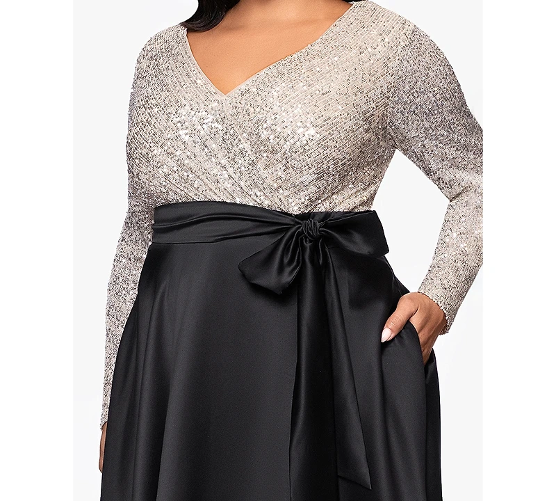 Xscape Plus Long Sleeve Sequin Ballgown Skirt Dress