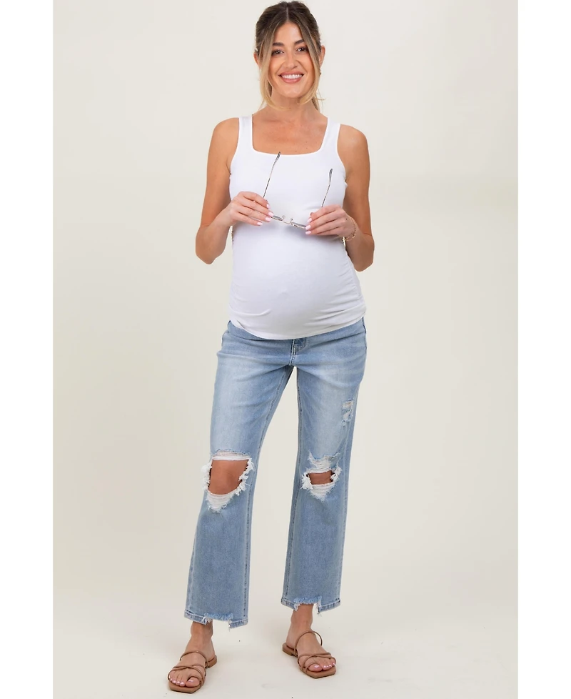 Pinkblush Light Blue Distressed Cutout Maternity Straight Leg Ankle Jeans