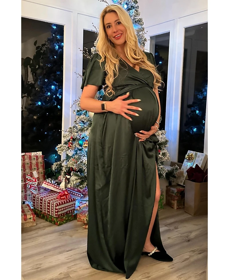 Pinkblush Maternity Green Side Slit Satin Maxi Dress