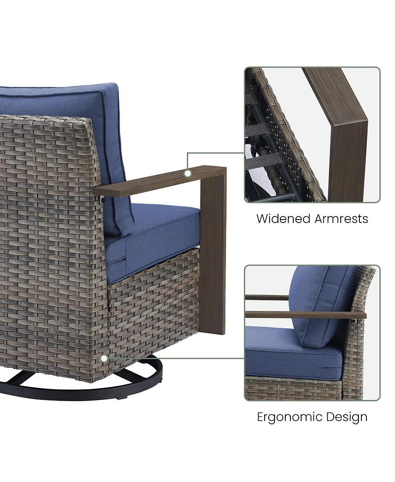 Gymojoy CubeEdge Brown Wicker Patio Swivel Chair Set Outdoor Rocking with CushionGuard Blue Cushions (2-Pack）