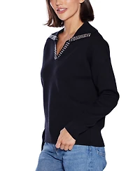 Belldini Women's Rhinestone-Trimmed Split-Neck Sweater