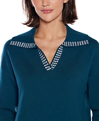 Belldini Women's Rhinestone-Trimmed Split-Neck Sweater