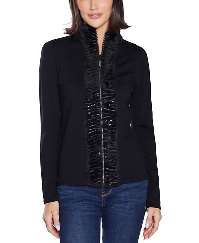 Belldini Women's Black Label Rhinestone-Neckline Chiffon-Sleeve Sweater