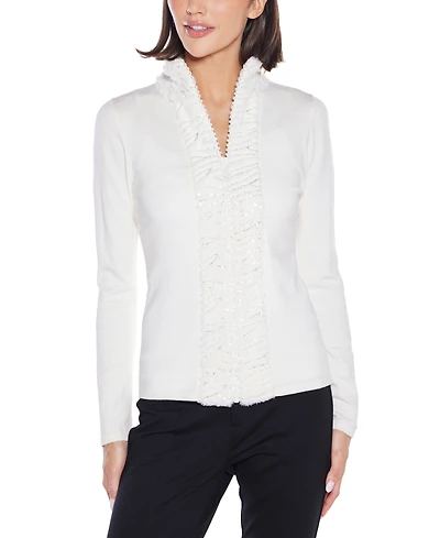 Belldini Women's Black Label Rhinestone-Neckline Chiffon-Sleeve Sweater