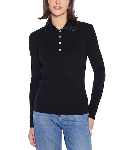 Belldini Women's Black Label Beaded Collar Sweater