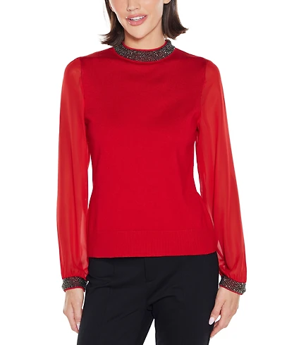 Belldini Women's Black Label Rhinestone-Zip Cardigan Sweater
