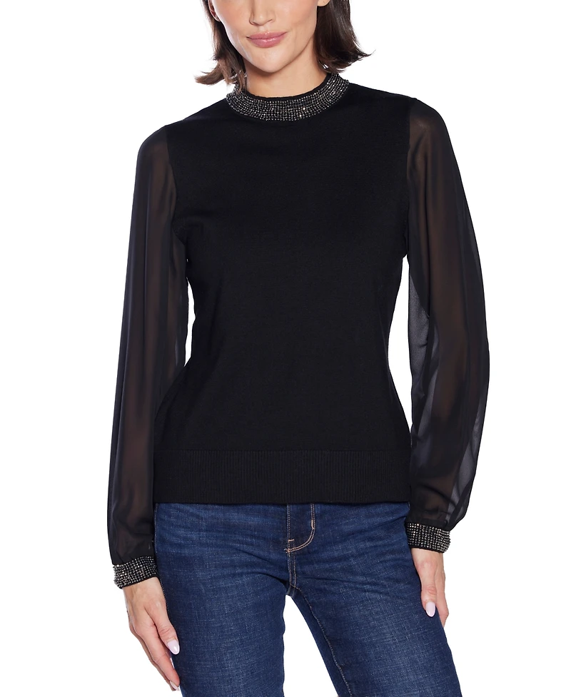 Belldini Women's Black Label Rhinestone-Zip Cardigan Sweater