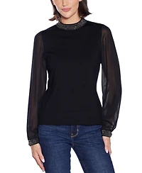 Belldini Women's Black Label Rhinestone-Zip Cardigan Sweater