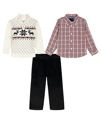 Izod Baby Boys 3-Piece Reindeer Fairisle Sweater, Shirt and Pants Set
