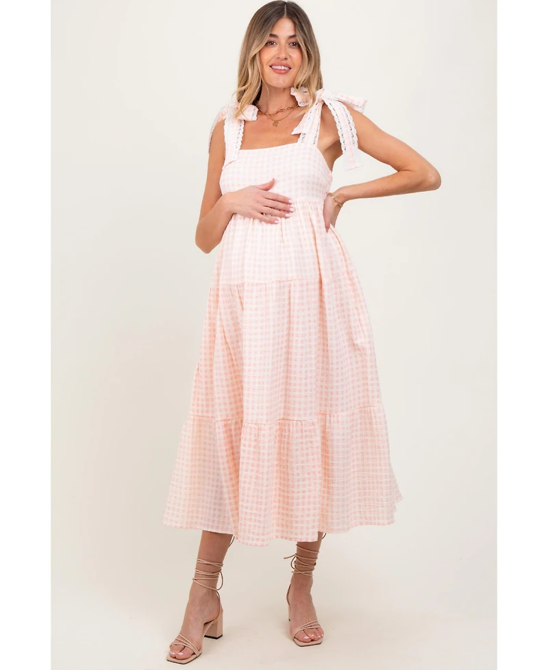 Pinkblush Maternity Light Pink Gingham Lace Trim Shoulder Tie Maxi Dress