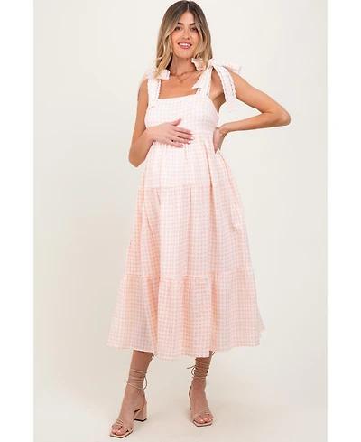Pinkblush Maternity Light Pink Gingham Lace Trim Shoulder Tie Maxi Dress