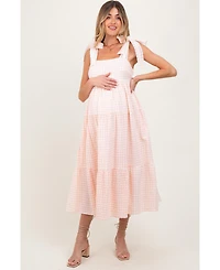Pinkblush Maternity Light Pink Gingham Lace Trim Shoulder Tie Maxi Dress
