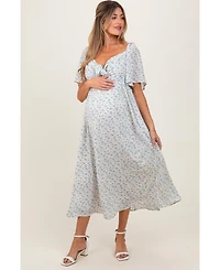 Pinkblush Maternity Blue Floral Front Tie Midi Dress