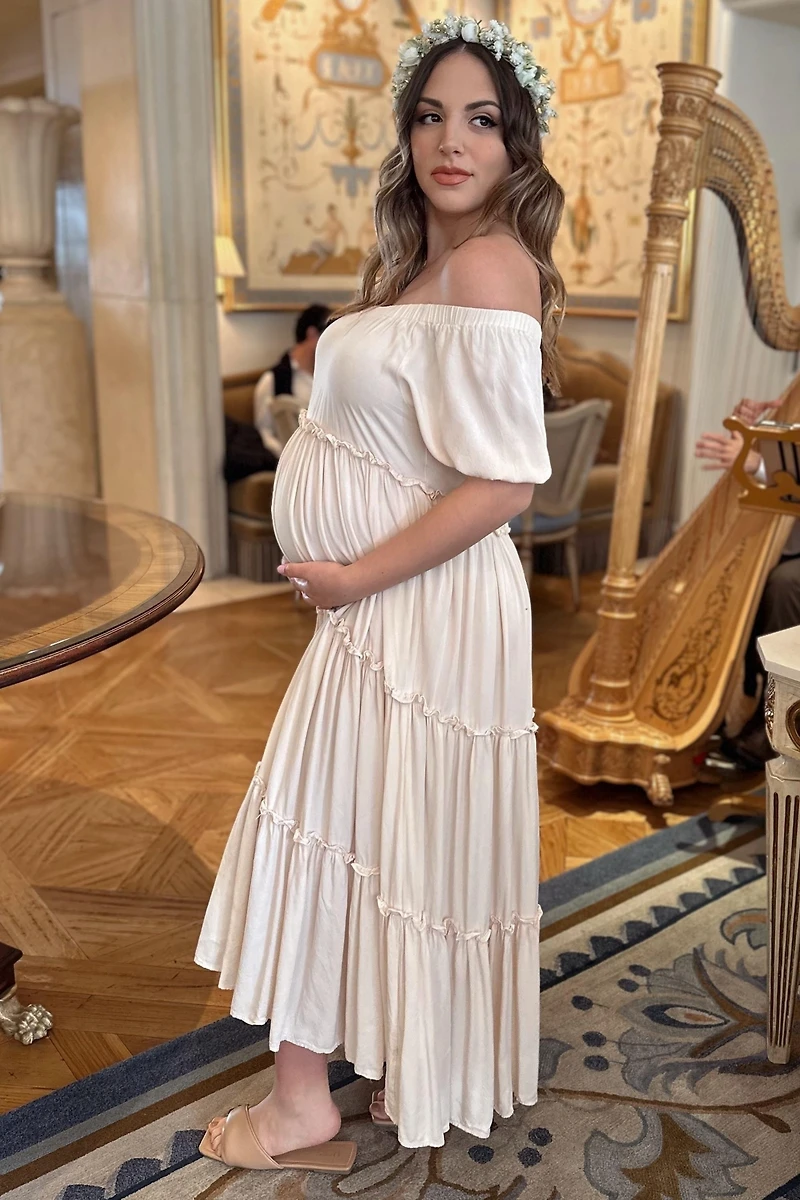 Pinkblush Cream Off Shoulder Ruffle Tiered Maternity Maxi Dress