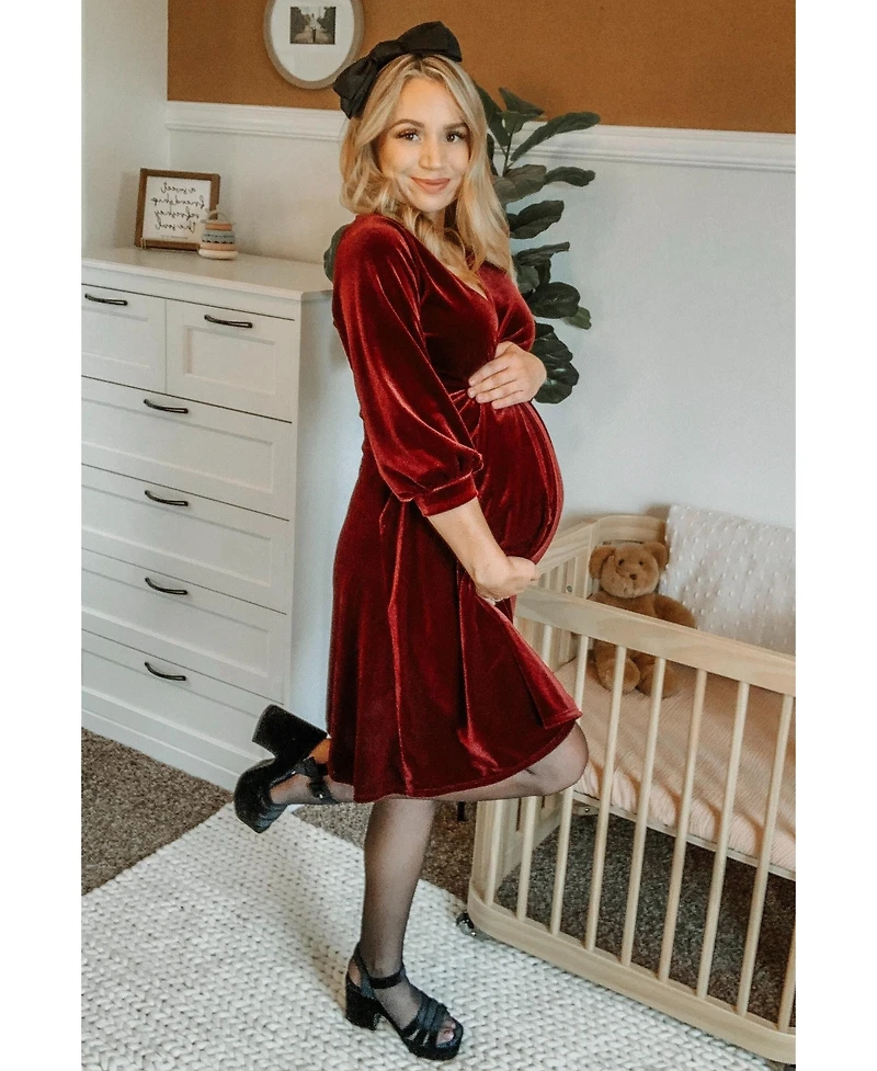 Pinkblush Burgundy Velvet Wrap Front Babydoll Maternity Dress