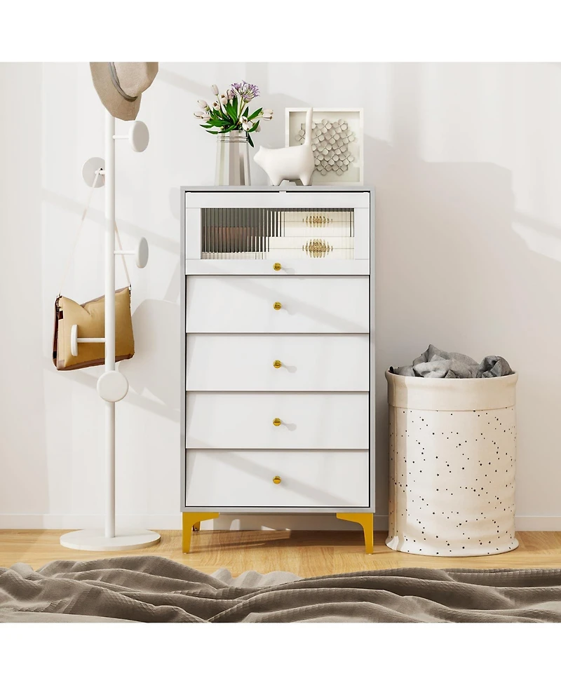 Volenca 4 Drawer Modern Storage Cabinet with Flip Up Fluted Glass Door