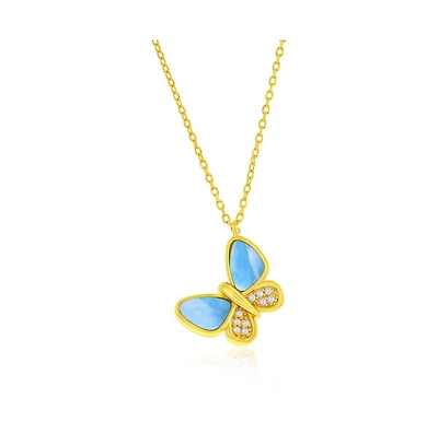 Caribbean Treasures Sterling Silver, Larimar & Cz Butterfly Necklace - Gold Plated