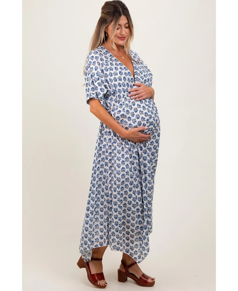 Pinkblush Navy Floral Deep V-Neck Handkerchief Hem Maternity Maxi Dress