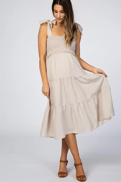 Pinkblush Maternity Beige Bow Strap Tiered Midi Dress