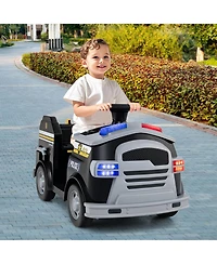 Police Car Ride on, 12V Electric Cop Truck Kids w/Shovel & Wrench, Fire Extinguisher, Ladder, Safety Hat, 4 Anti-Slip Wheels, Music, Alarm, Horn,
