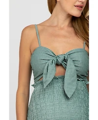 Pinkblush Women's Green Gingham Print Smocked Fitted Self-Tie Maternity Midi Dress