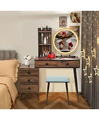 Vanity Table Set with 3-Color Lighted Mirror and Cushioned Stool