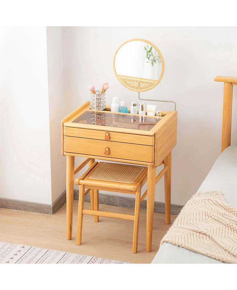 Bamboo Makeup Vanity Table with Stool and Rotating Mirror