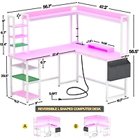 Aheaplus L-Shaped Desk with Hutch & Power Outlet, Corner Computer Desk with Led Lights