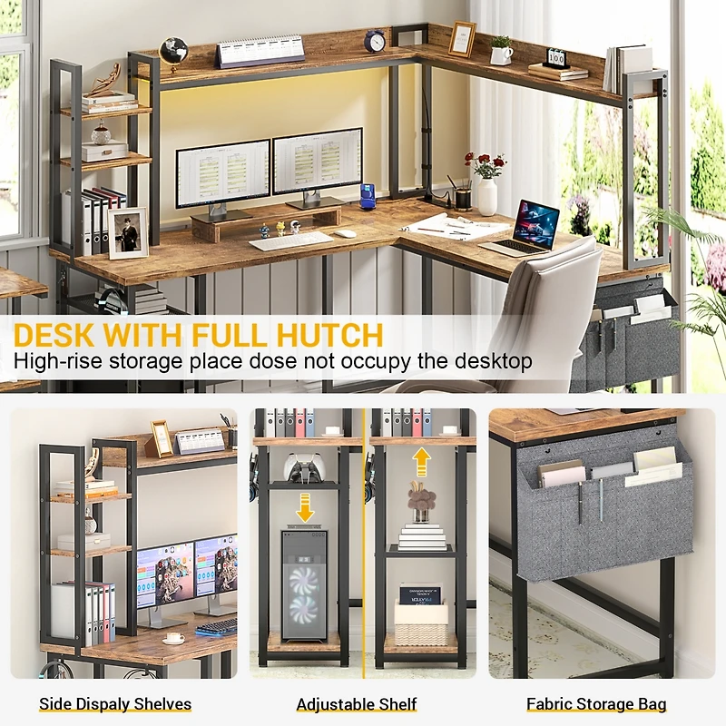 Aheaplus L-Shaped Desk with Hutch & Power Outlet, Corner Computer Led Lights