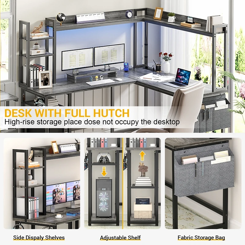 Aheaplus L-Shaped Desk with Hutch & Power Outlet, Corner Computer Led Lights