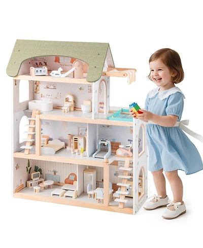 Wooden Dollhouse Kids Diy Pretend Playhouse with 33 Pcs Furniture Accessories