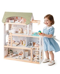 Wooden Dollhouse Kids Diy Pretend Playhouse with 33 Pcs Furniture Accessories